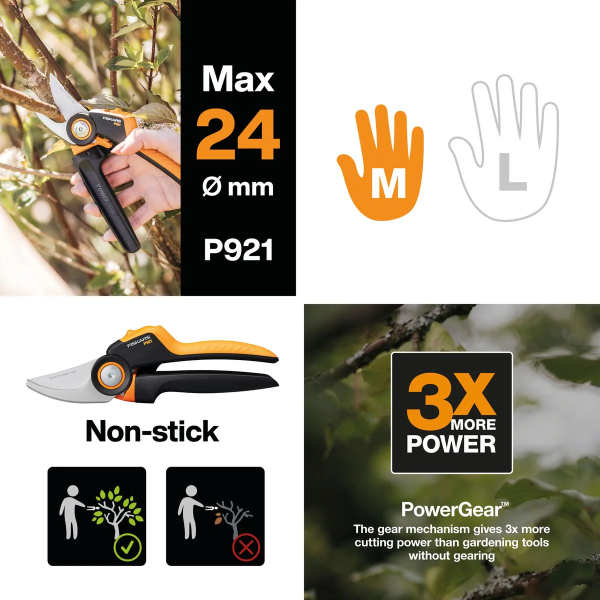 Fiskars Powergear Bypass Pruner P921 - 201mm - 3x Cutting Power - Ergonomic Handle - Image 4