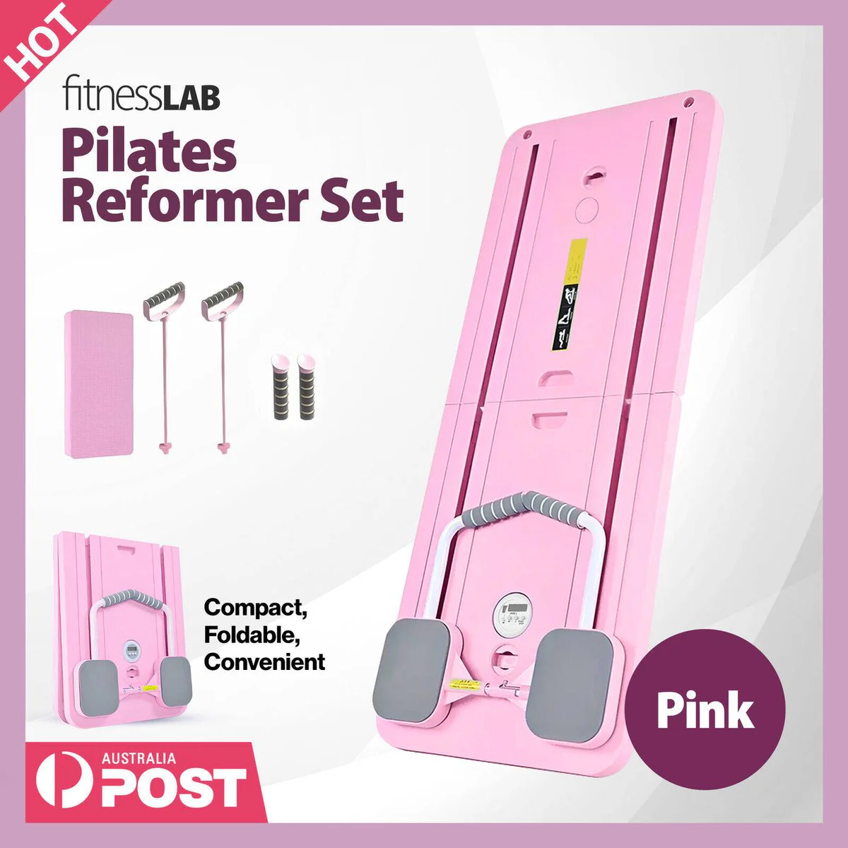 Fitnesslab Pink Pilates Board Reformer - Foldable Set - 410mm x 115mm x 990mm - Full Body Workouts - Image 2
