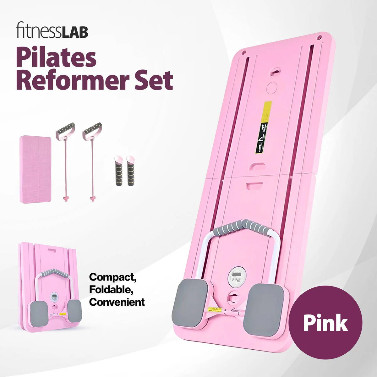Fitnesslab Pink Pilates Board Reformer - Foldable Set - 410mm x 115mm x 990mm - Full Body Workouts - Image 3
