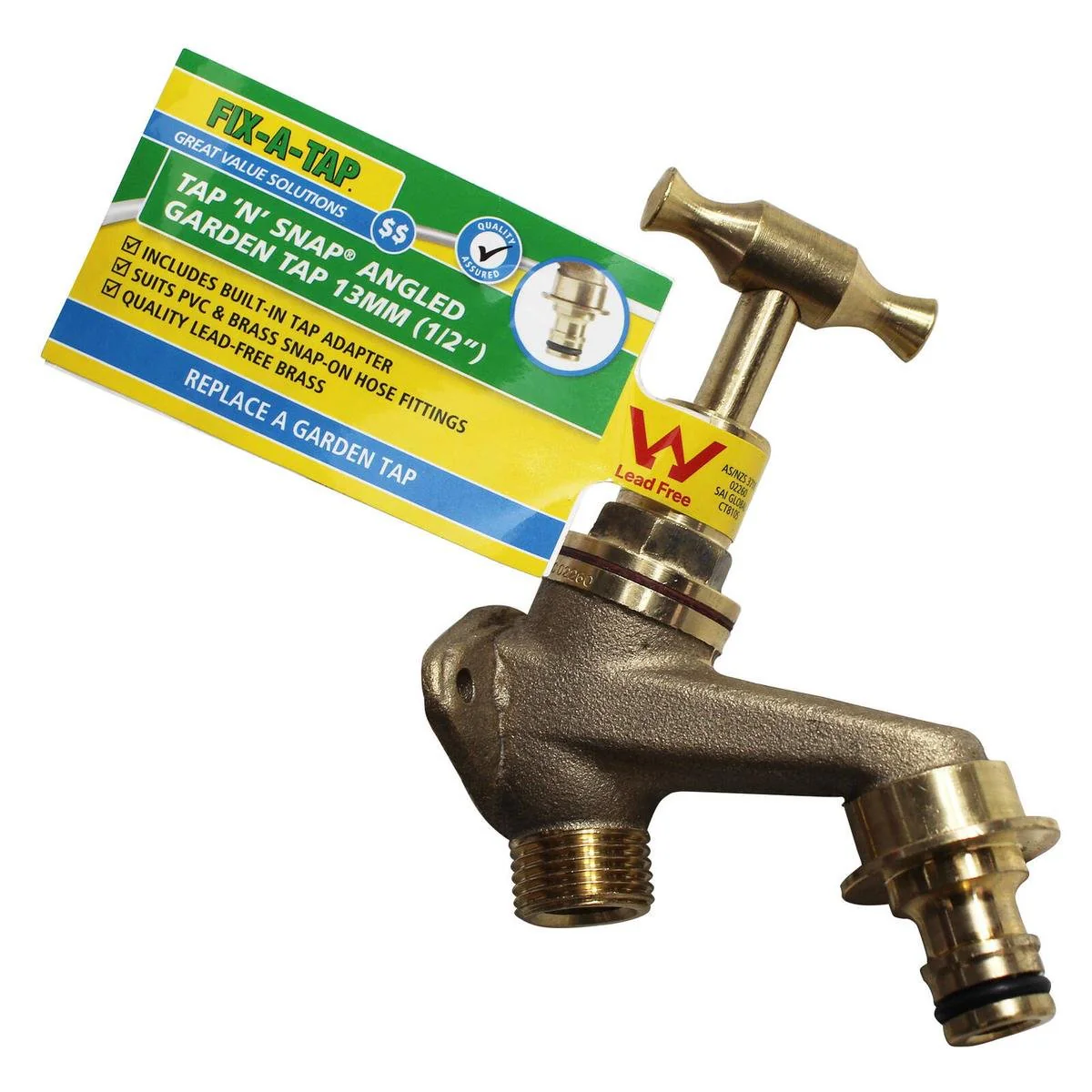 Fix a Tap 13mm Brass Lead Free T Handle Angled Garden Tap N Snap - Durable - Easy Hose Attachment
