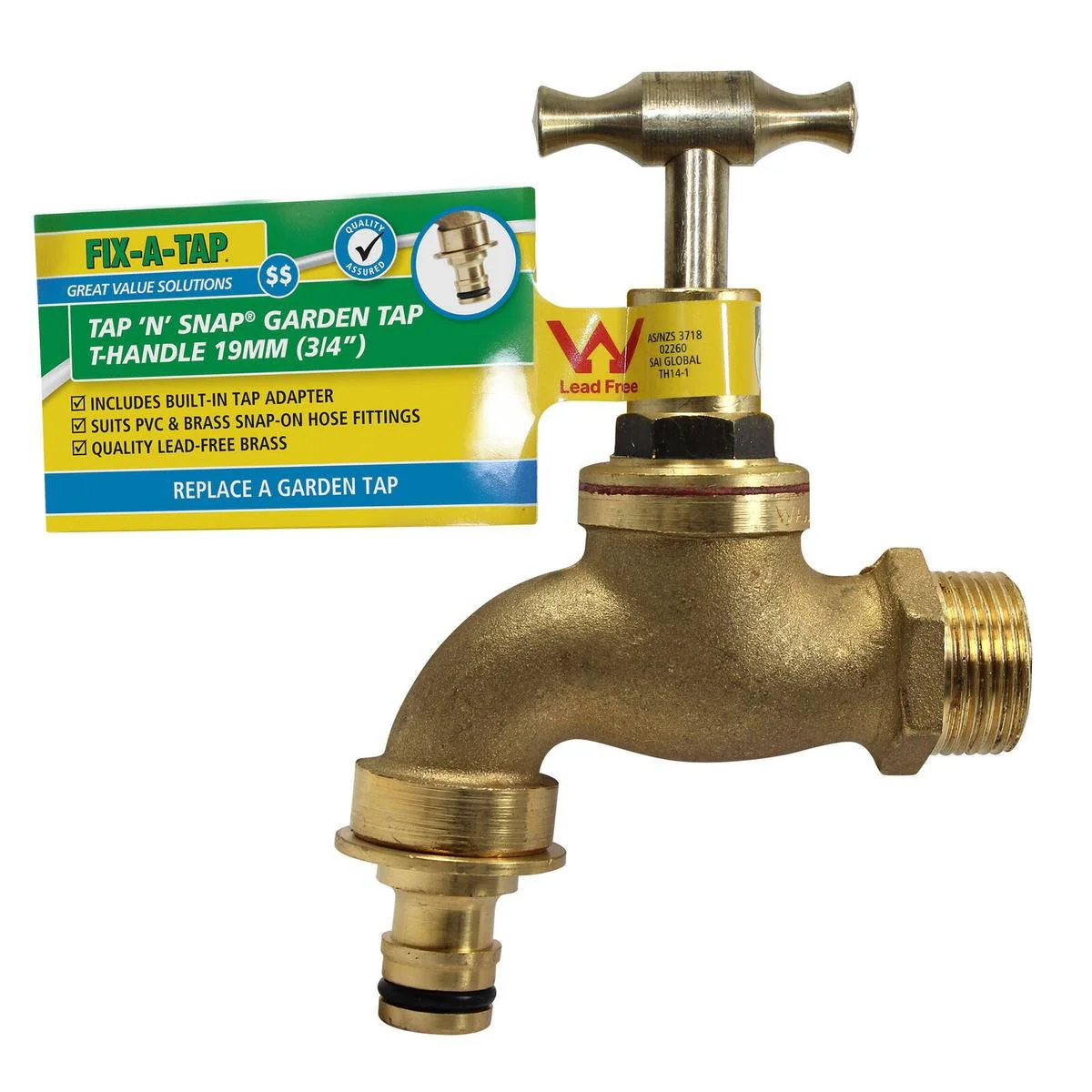 Fix a Tap 19mm 3/4" Brass Lead Free T Handle Tap N Snap - Easy Connection - Durable