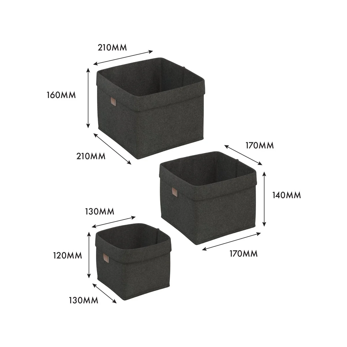 Flexi Storage Living Dark Grey Square Felt Baskets Set of 3 - 210mm x 160mm - Durable Storage Solution - Image 3