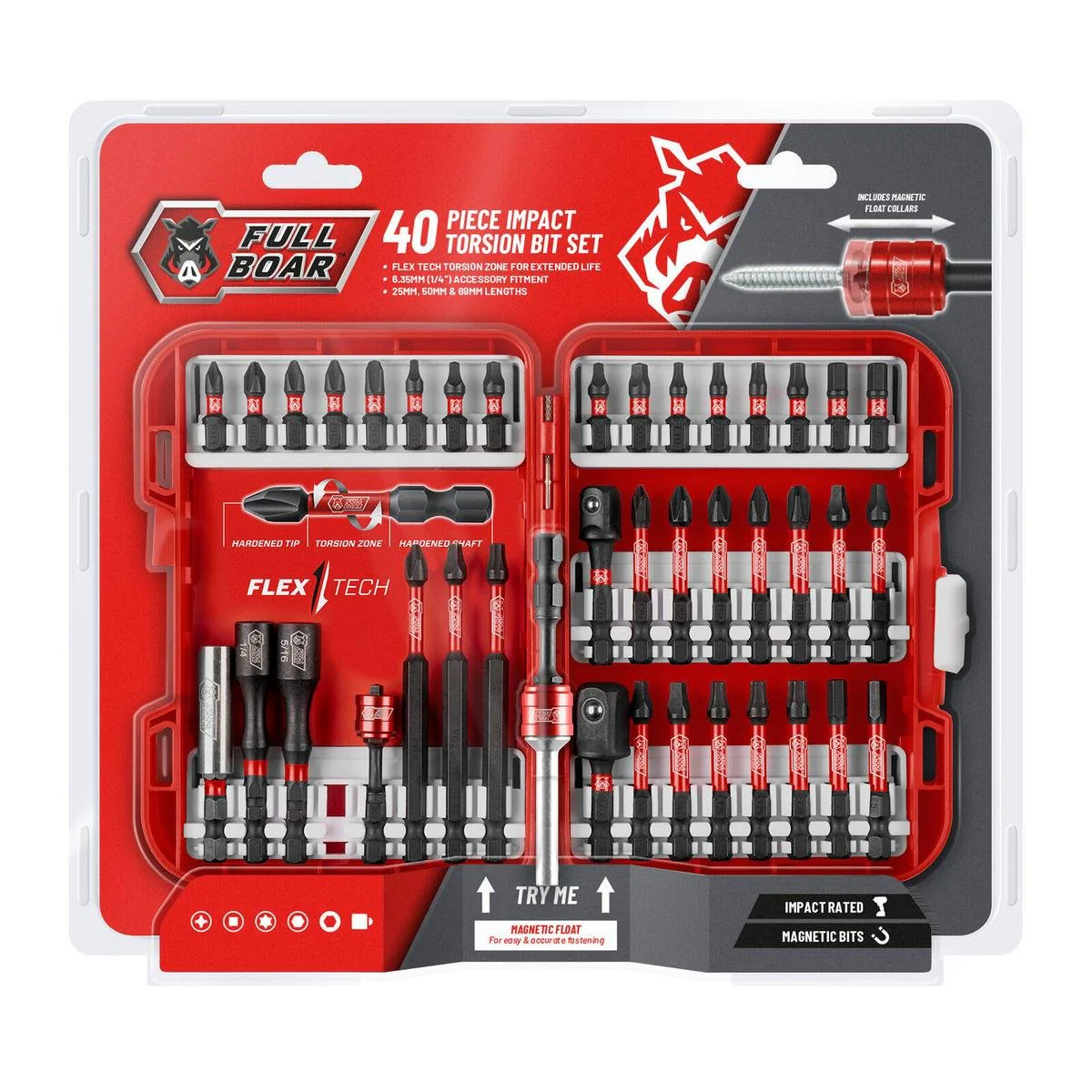 Full Boar 40 Piece Impact Torsion Bit Set - 6.35mm - Durable & Secure