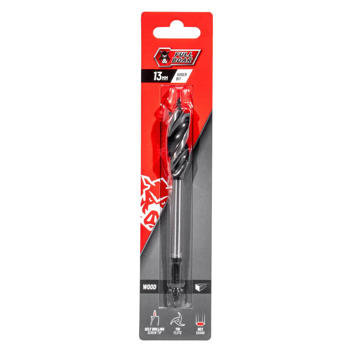 Full Boar Auger Bit 13mm - Steel - Self-Drilling - Tri-Flute Design