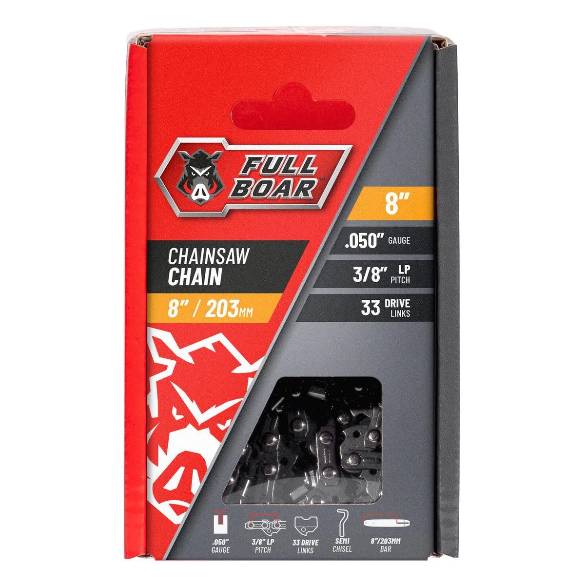 Full Boar Chainsaw Chain - 8" (203mm) - 33 Drive Links - Semi Chisel