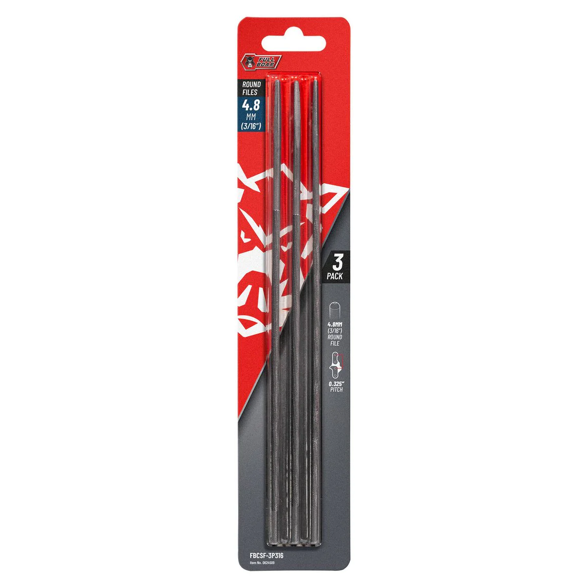 Full Boar Chainsaw File 3 Pack - 4.8mm (3/16”) Round - 0.325” Pitch - Sharpens Cutter Teeth
