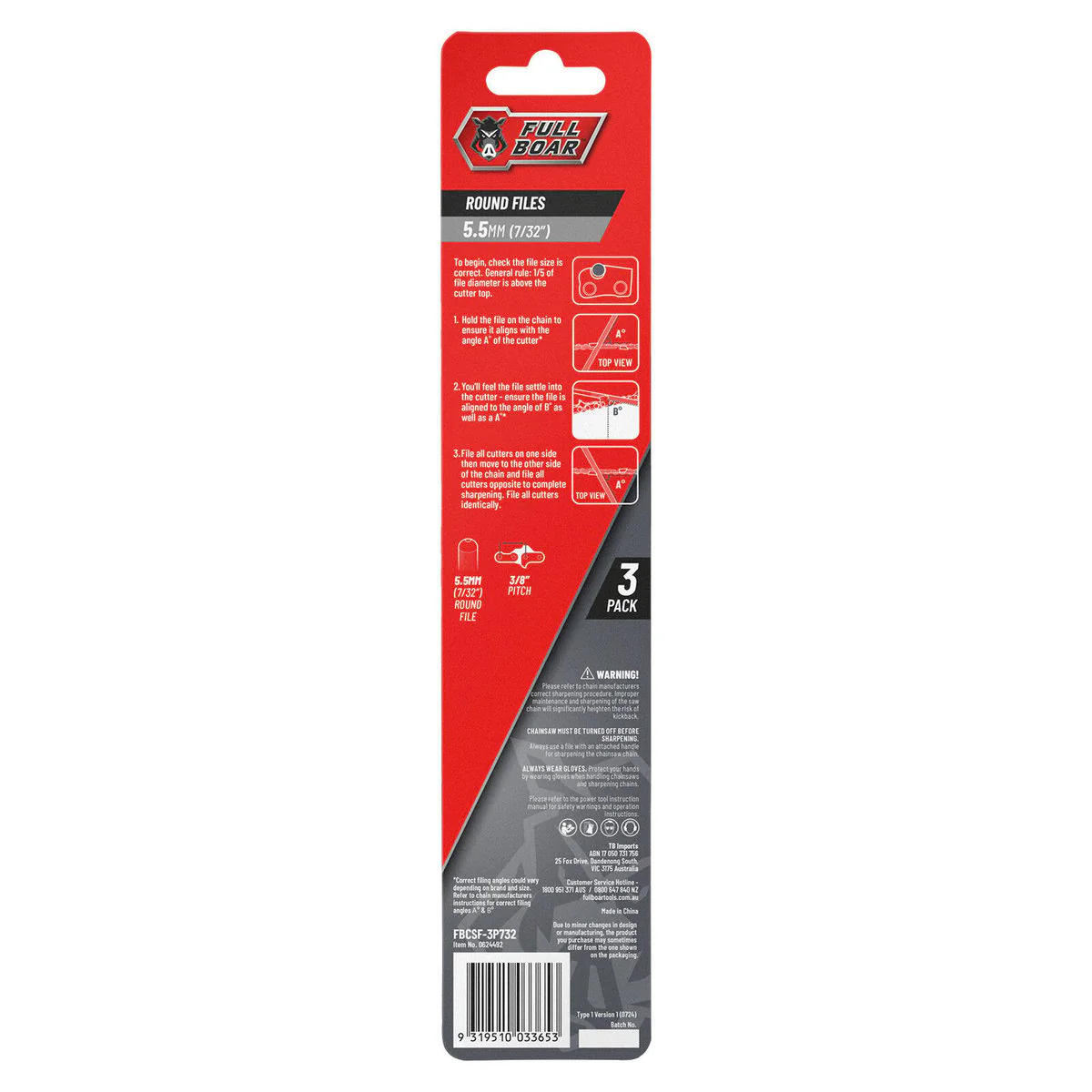 Full Boar Chainsaw File 3 Pack - 5.5mm (7/32”) Round - Sharpens 3/8” Chains - Image 2
