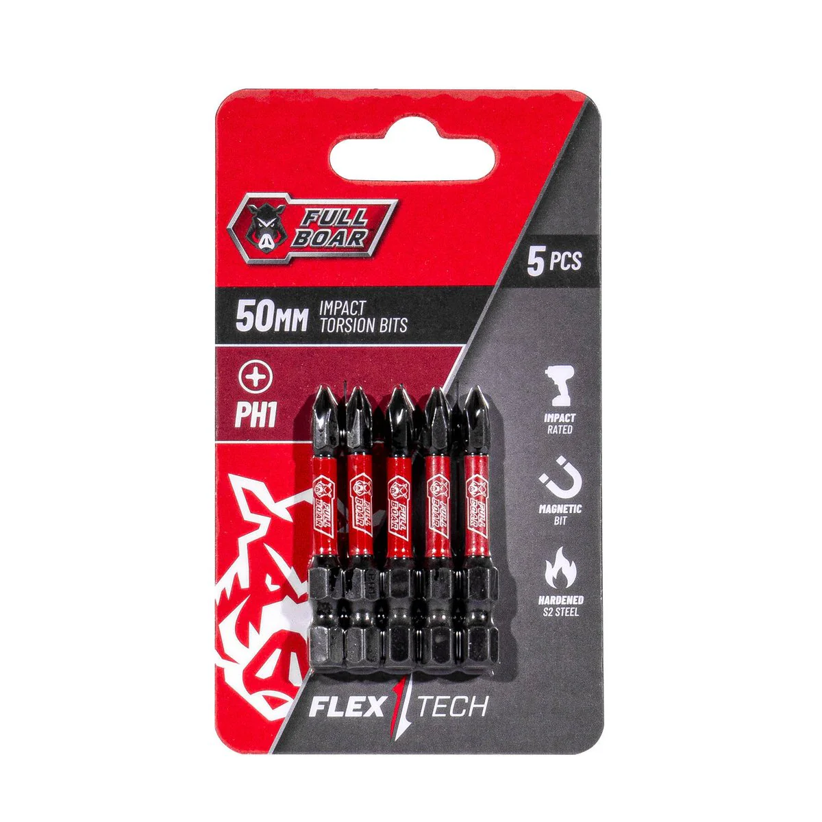 Full Boar Impact Torsion Bit 5 Pack - PH1 - 50mm - S2 Steel - High Torque