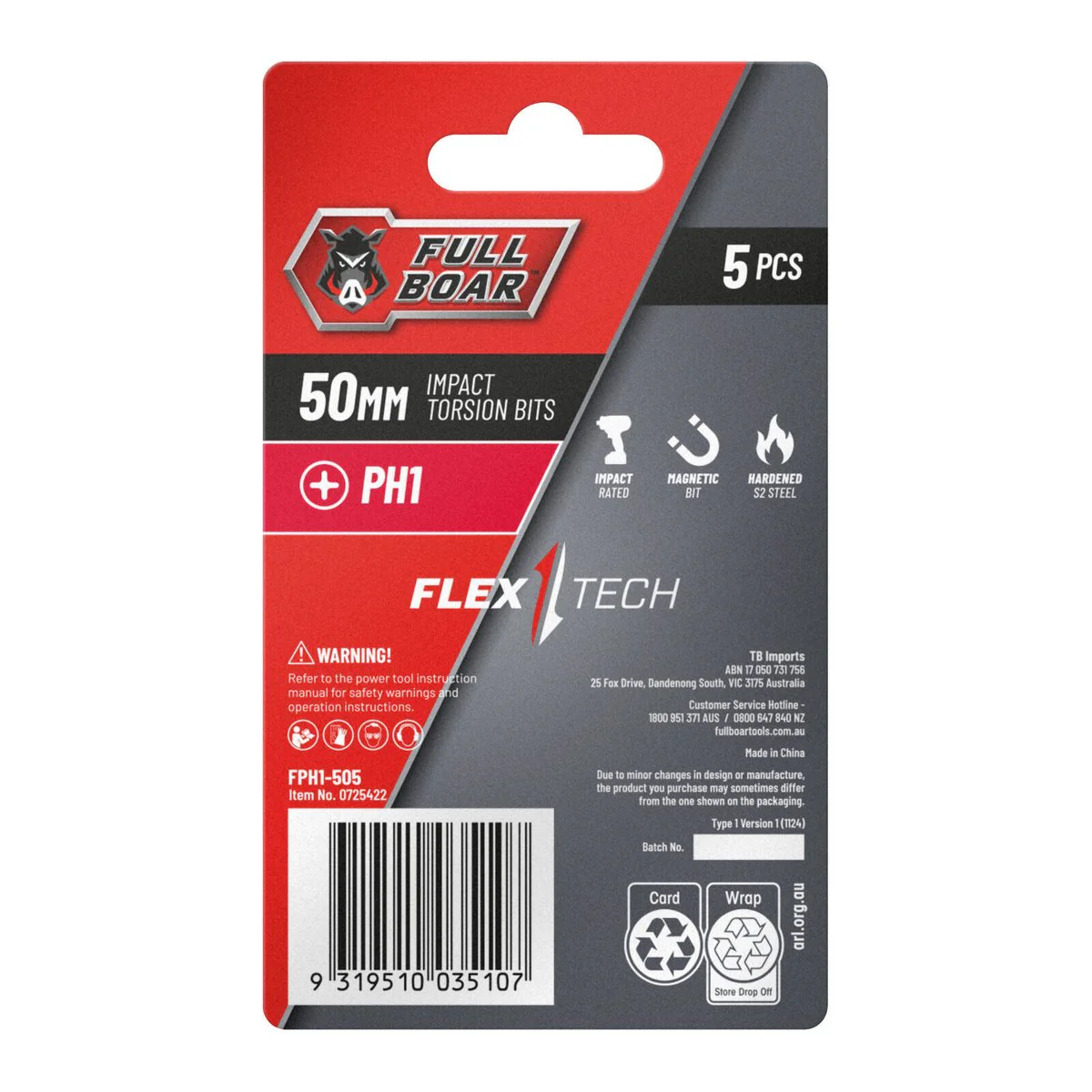 Full Boar Impact Torsion Bit 5 Pack - PH1 - 50mm - S2 Steel - High Torque - Image 2