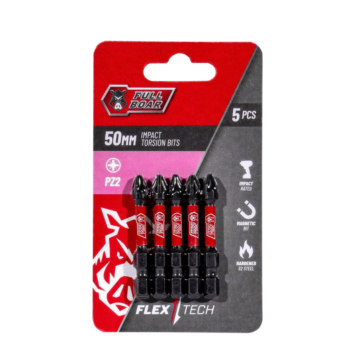 Full Boar Impact Torsion Bit 5 Pack - PZ2 - 50mm - Durable & Precise