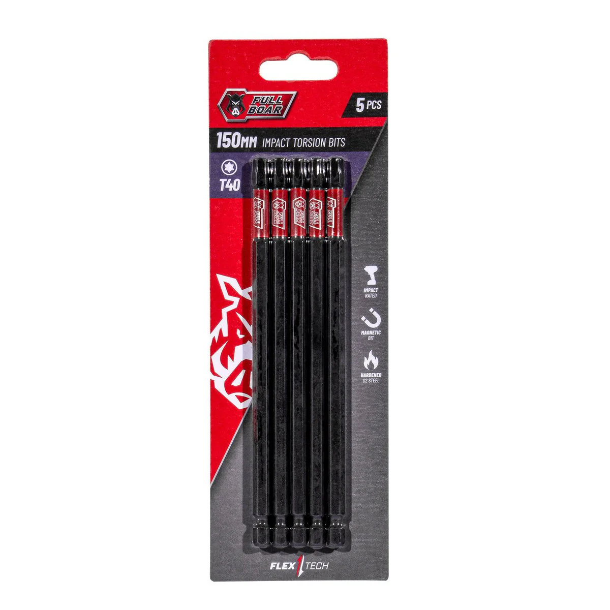 Full Boar Impact Torsion Bit 5 Pack - T40 x 150mm - Durable S2 Steel