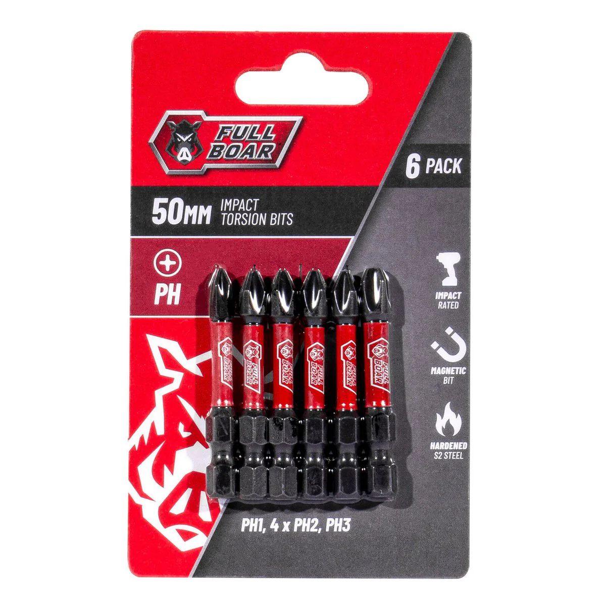 Full Boar Impact Torsion Bit Set - PH x 50mm - 6 Pack - Durable S2 Steel
