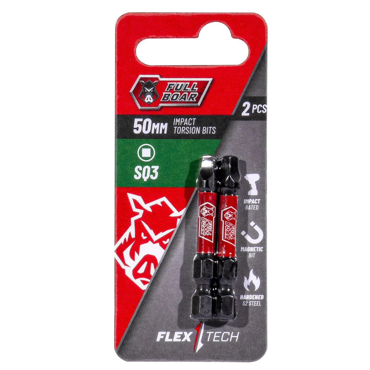 Full Boar Impact Torsion Bits Set - SQ3 50mm - 2 Pack - Durable S2 Steel