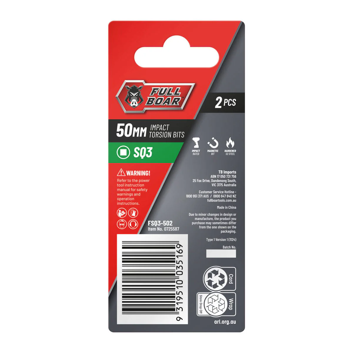 Full Boar Impact Torsion Bits Set - SQ3 50mm - 2 Pack - Durable S2 Steel - Image 2