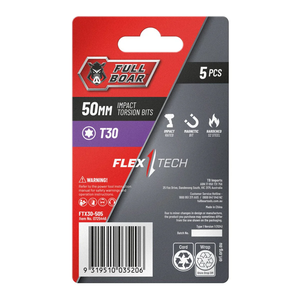 Full Boar Impact Torsion Bits Set - T30 x 50mm - 5 Pack - High Torque Durability - Image 2