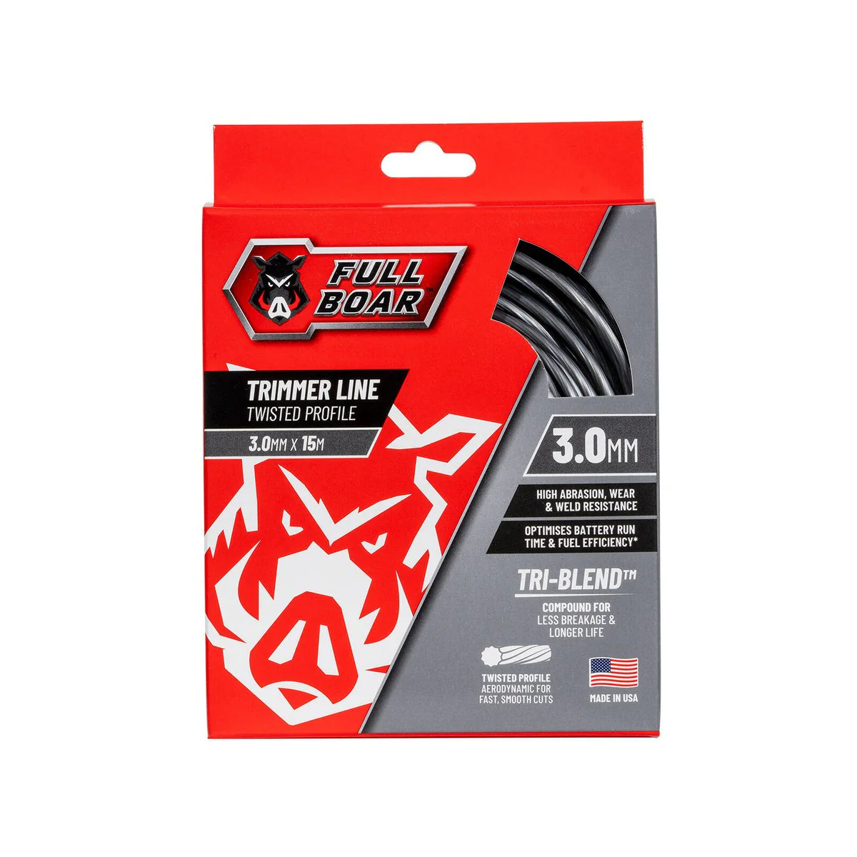 Full Boar Trimmer Line - 3.0mm x 15m - Twisted Profile - Durable & Efficient