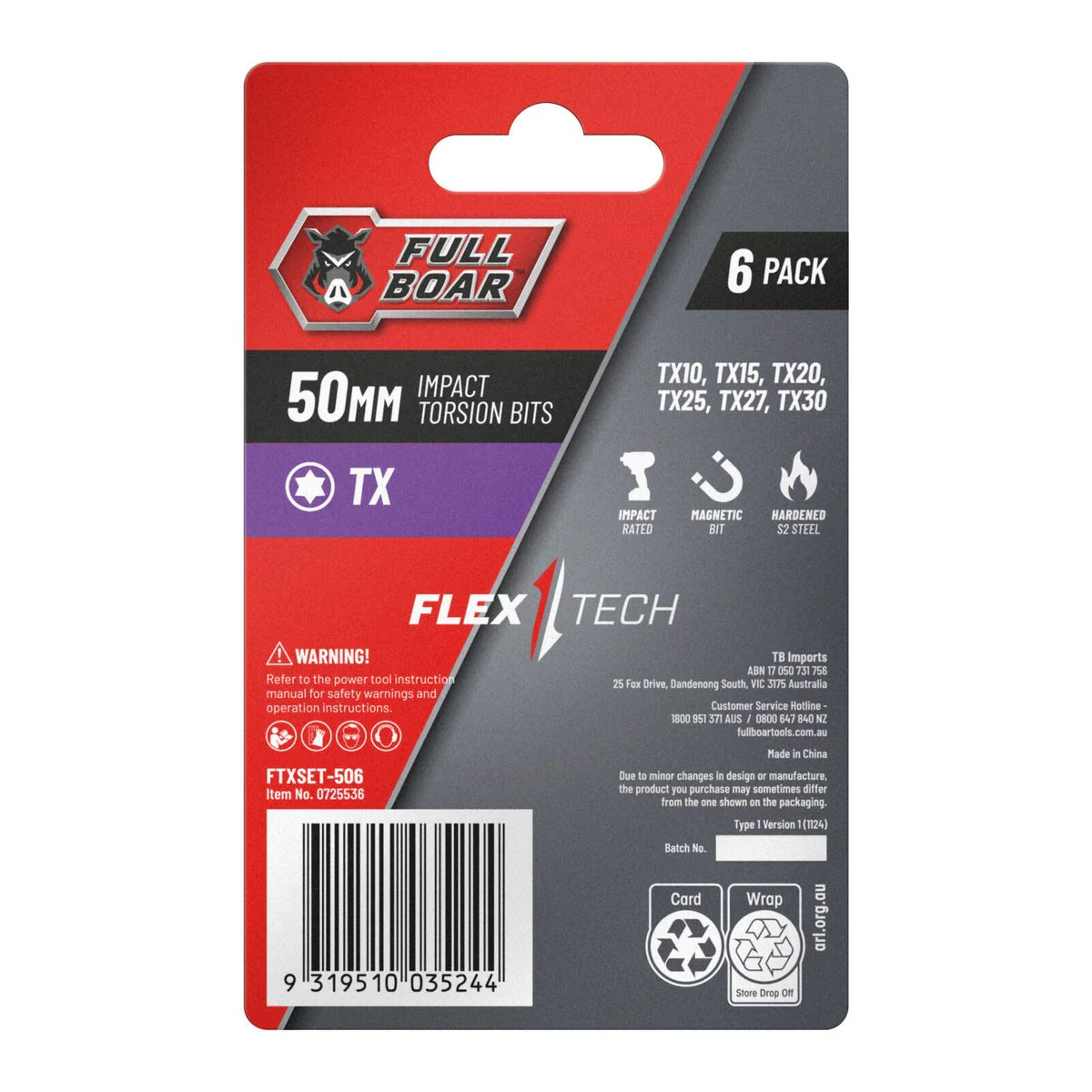 Full Boar Tx Impact Torsion Bits Set - 6 Pack - 50mm - Durable & High Torque - Image 2