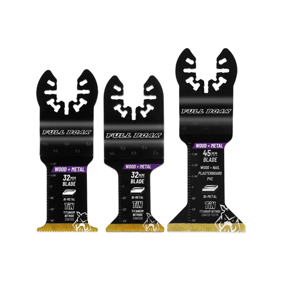 Full Boar Wood Metal Plunge Cut Multi Tool Blades 3 Pack - 32mm & 45mm - Bi-Metal Construction