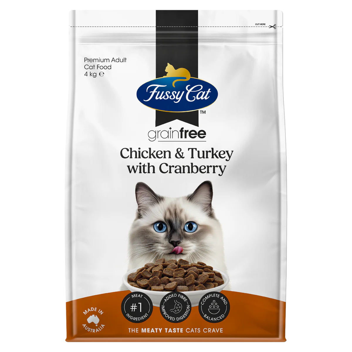 Fussy Cat Grain Free Dry Cat Food - Chicken Turkey with Cranberry 4kg - Complete Nutrition, Urinary Support