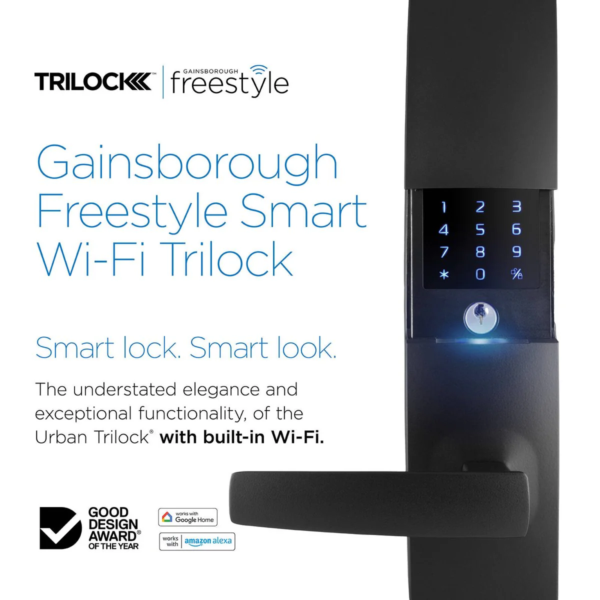 Gainsborough Freestyle Wifi Smart Lock Trilock - Matte Black - 68mm x 238mm - Concealed Keypad - App Control - Image 2