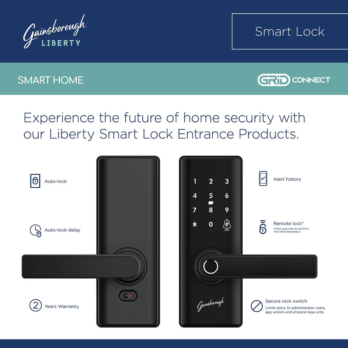 Gainsborough Liberty Smart Entrance Lock - Matte Black - 310mm x 115mm x 229mm - Advanced Security Features - Image 4