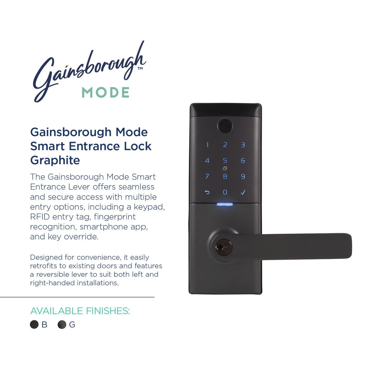Gainsborough Mode Smart Entrance Lever Lock - Graphite - RFID, Fingerprint, Keypad - 115mm x 230mm x 52mm - Image 2