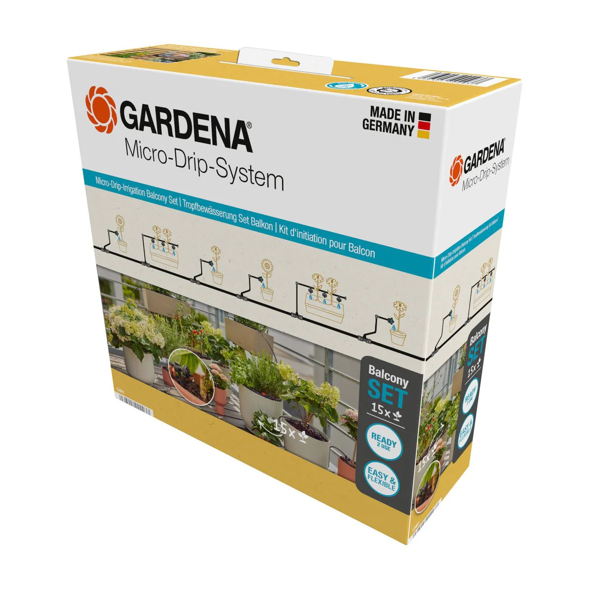 Gardena Micro Irrigation Balcony Set - 15 Plants - 20m Supply Pipe - Black - Water-Saving Drip System