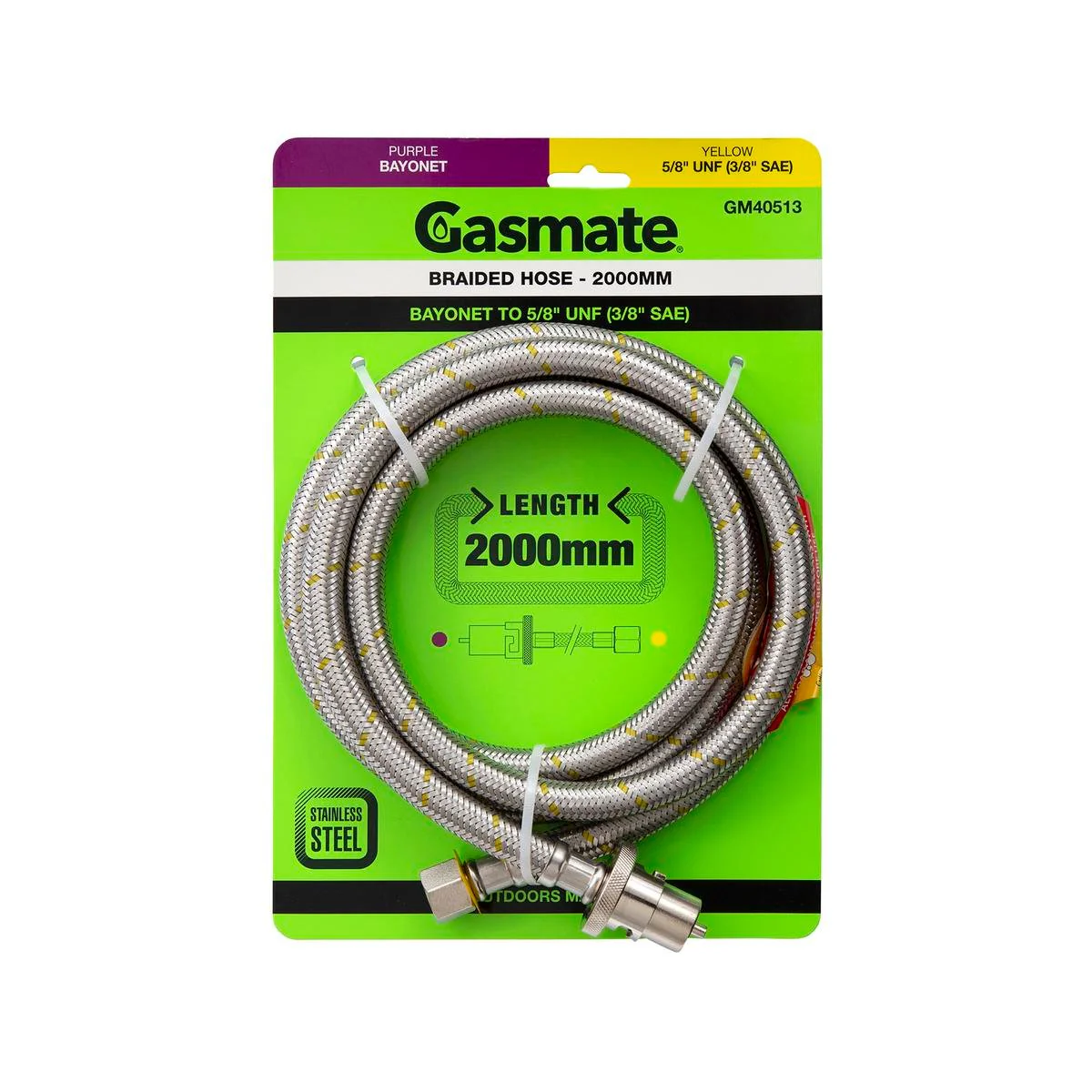Gasmate Braided Hose 2000mm Bayonet to 5/8” UNF - Durable Gas Connection