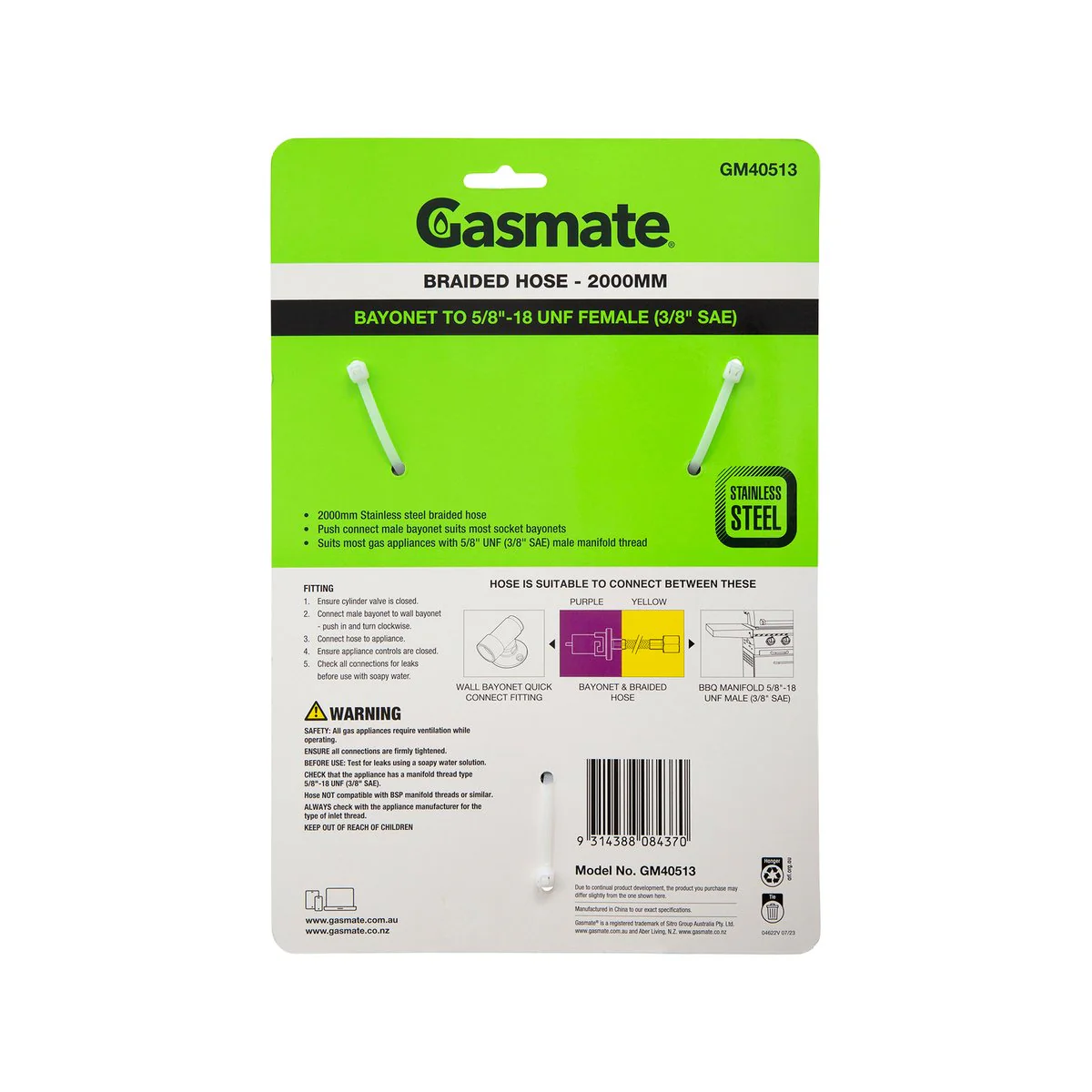 Gasmate Braided Hose 2000mm Bayonet to 5/8” UNF - Durable Gas Connection - Image 2
