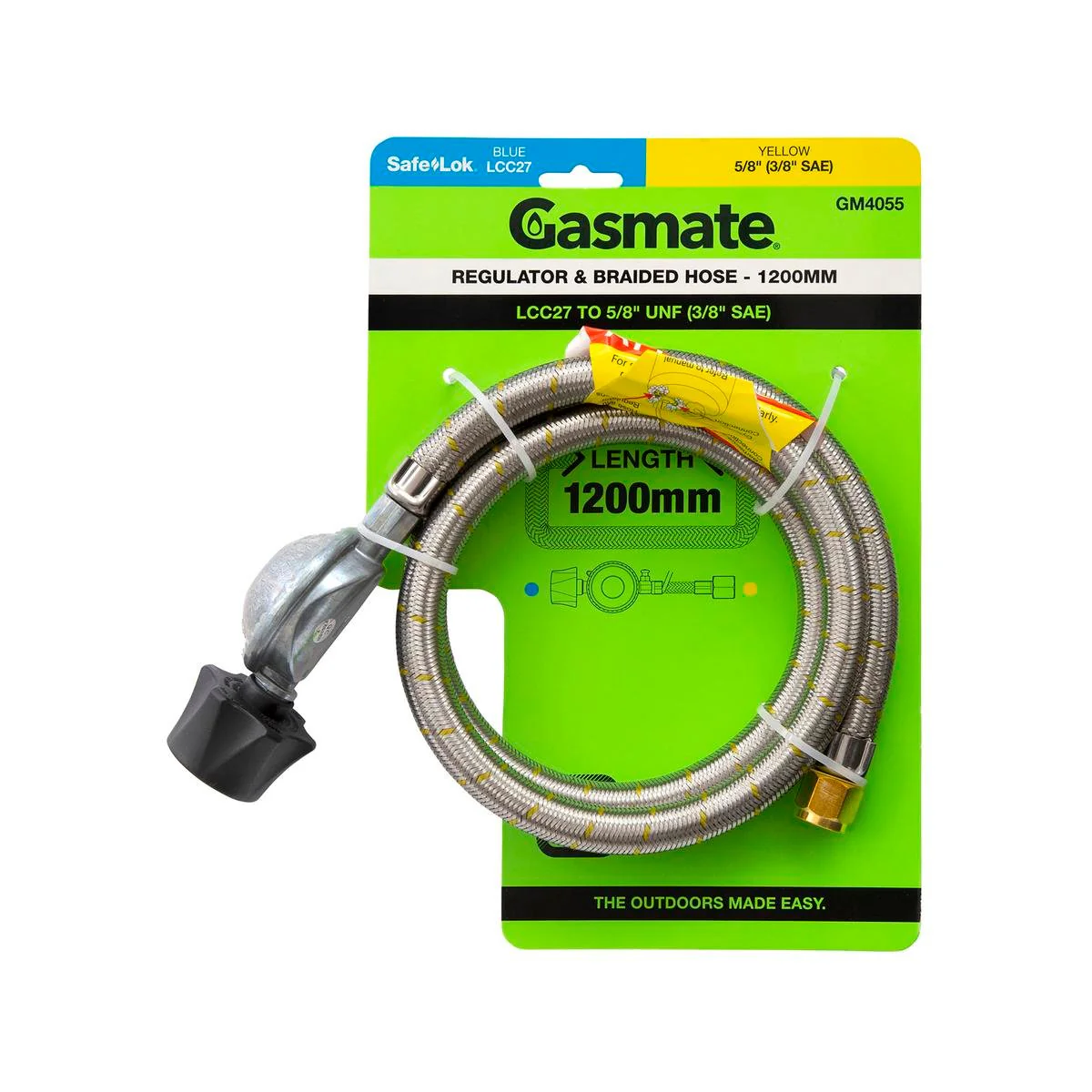 Gasmate Regulator Braided Hose 1200mm LCC27 to 5/8" UNF - Durable Connection