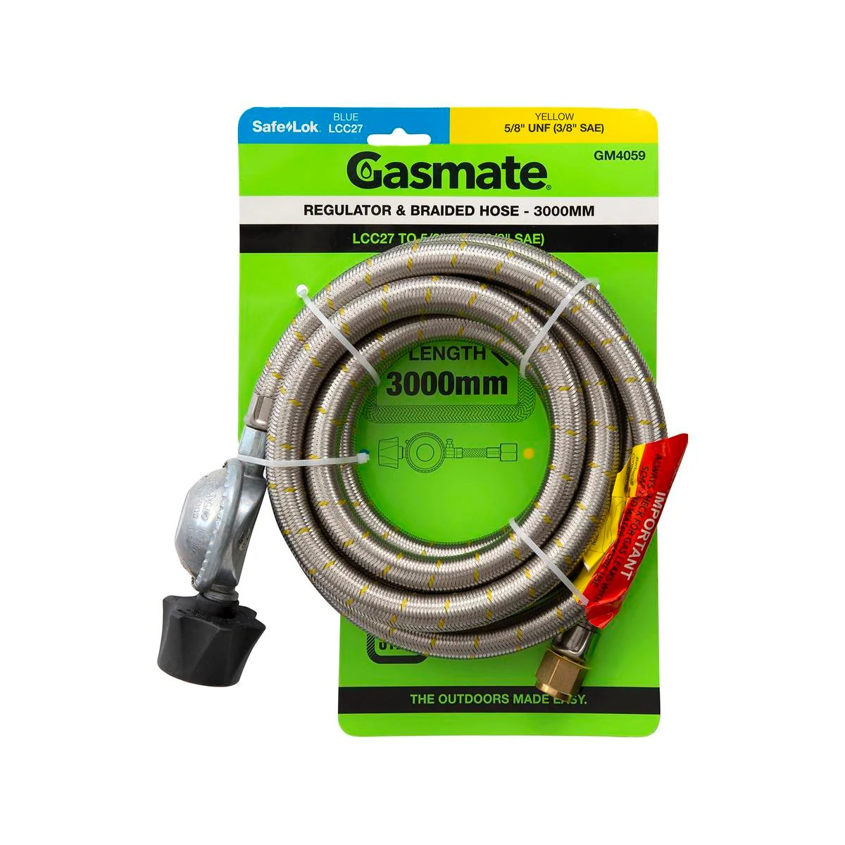 Gasmate Regulator Braided Hose 3000mm LCC27 to 5/8" UNF - Durable Connection