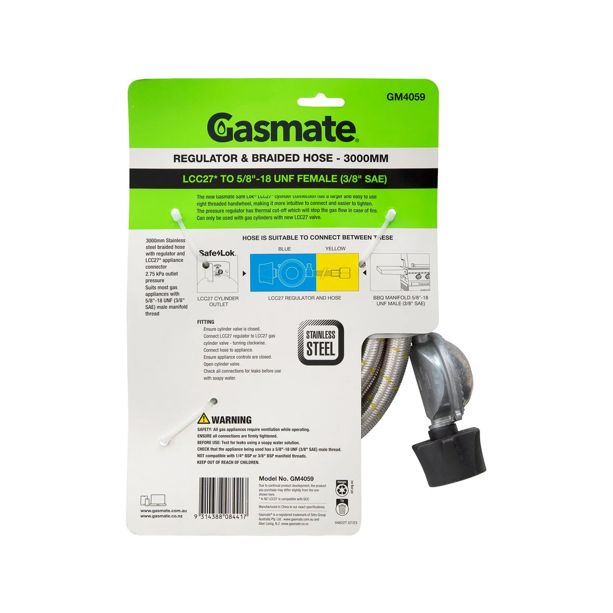 Gasmate Regulator Braided Hose 3000mm LCC27 to 5/8" UNF - Durable Connection - Image 2