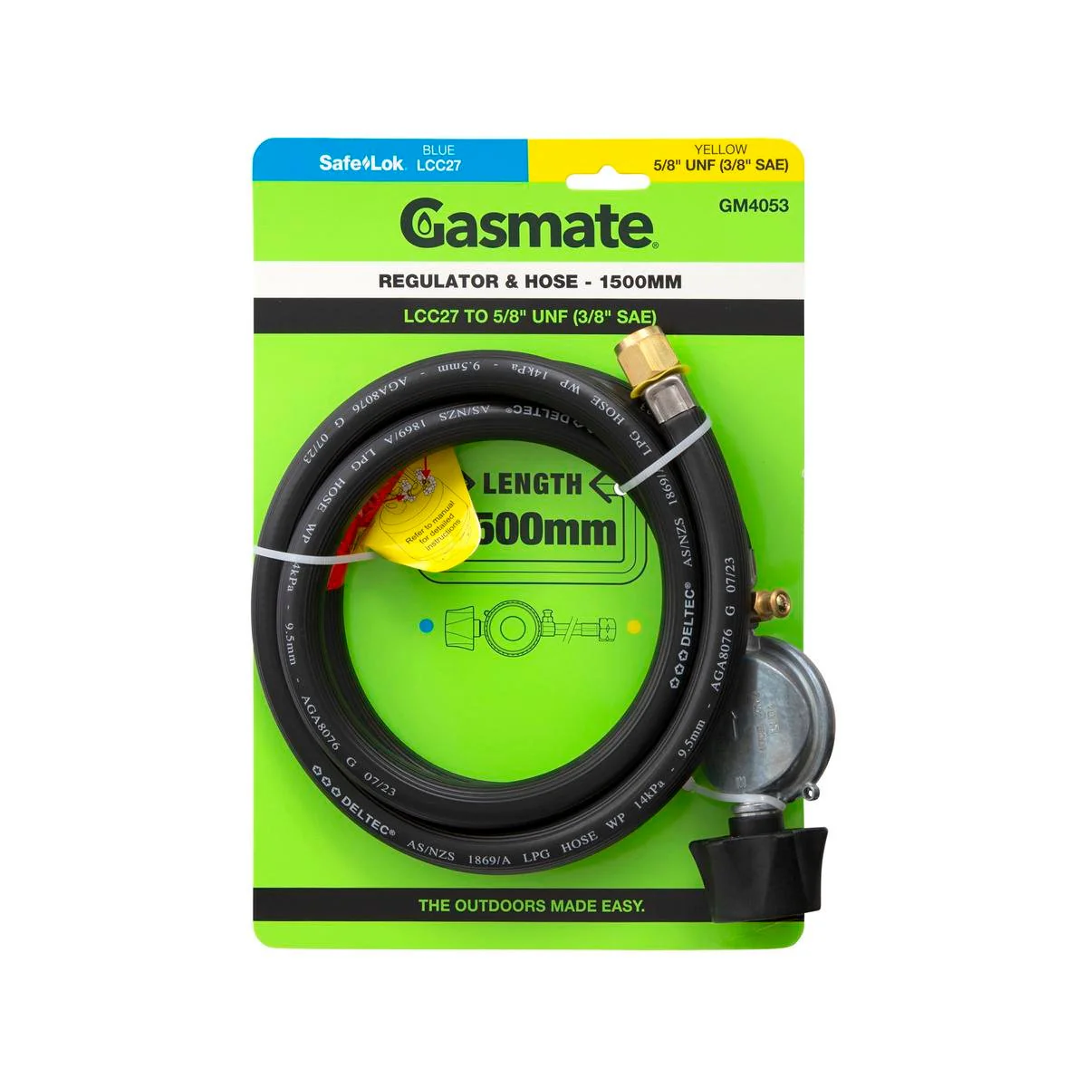 Gasmate Regulator Hose 1500mm LCC27 to 5/8” UNF - Durable Gas Connection