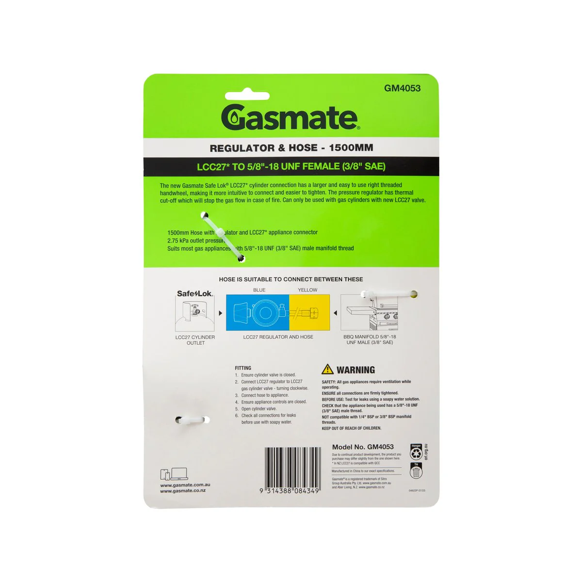 Gasmate Regulator Hose 1500mm LCC27 to 5/8” UNF - Durable Gas Connection - Image 2