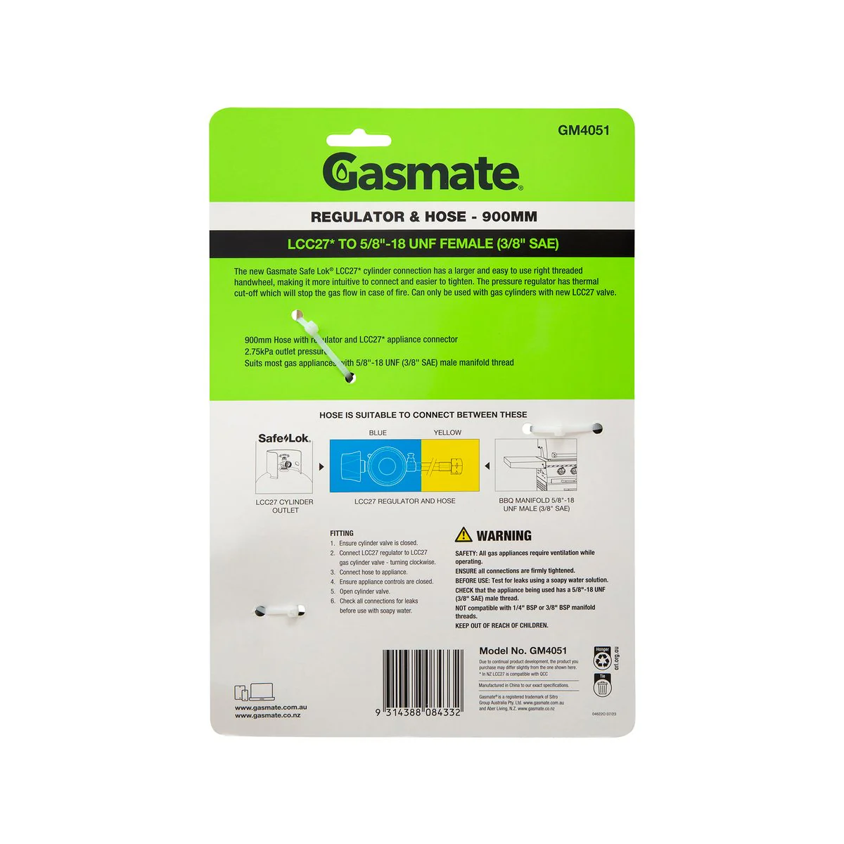 Gasmate Regulator Hose 900mm LCC27 to 5/8" UNF - Durable Gas Connection - Image 2