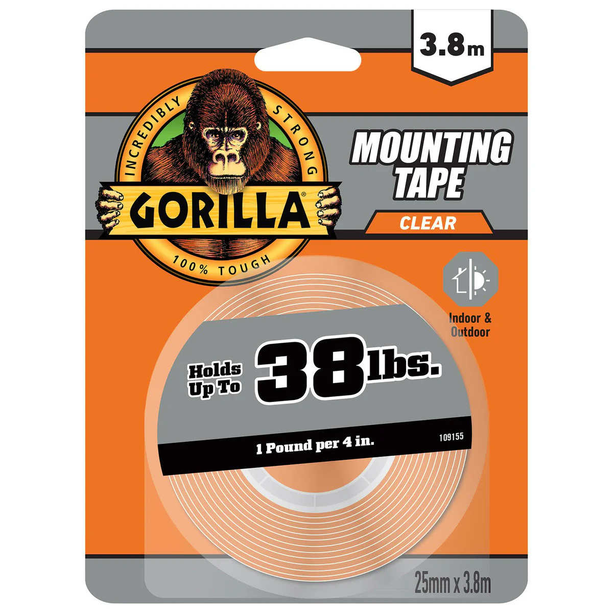 Gorilla Clear Mounting Tape - 3.8m - Weatherproof - Strong Hold