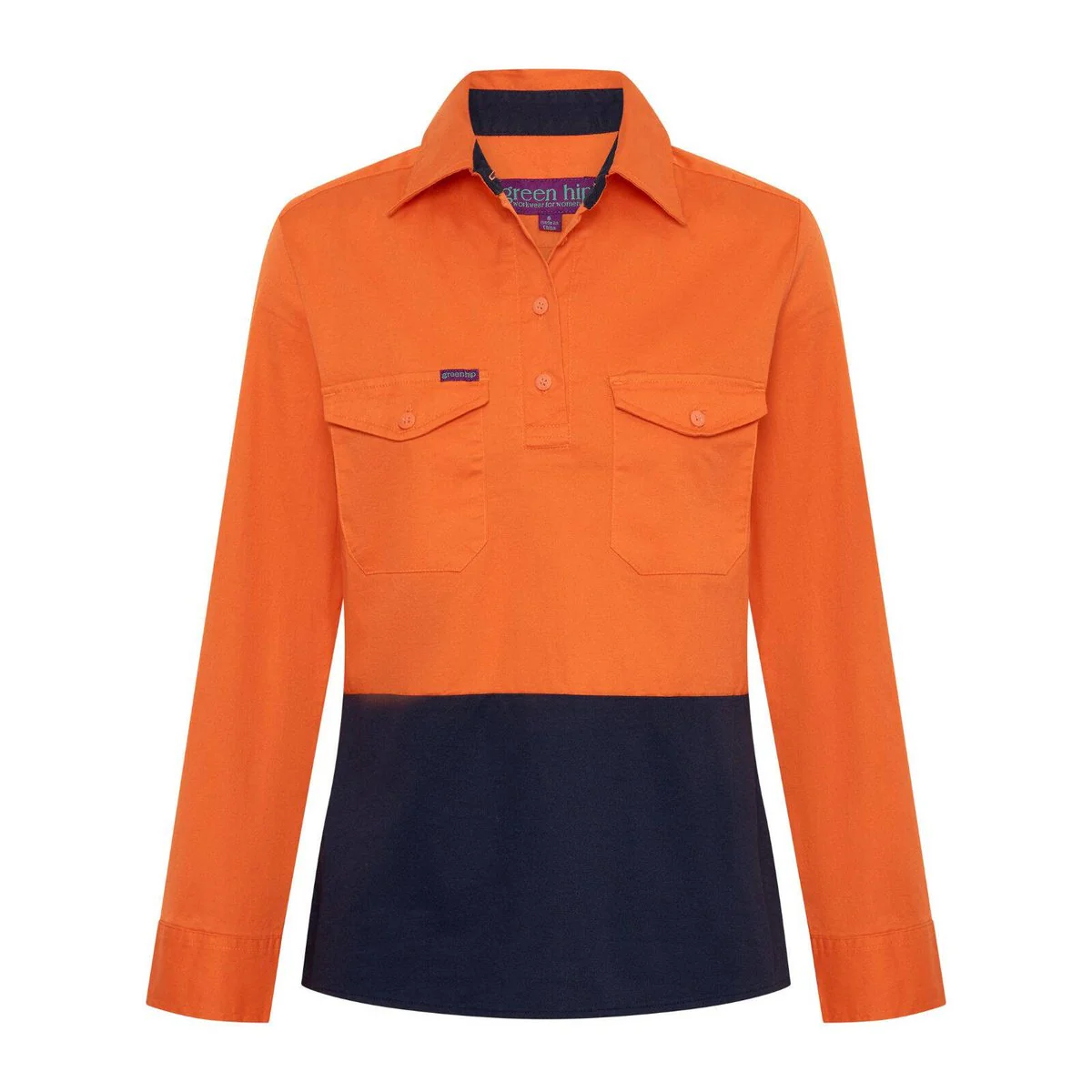 Green Hip Long Sleeve Hi-Vis Shirt - Size 18 - Orange Blue - UPF 50+ Sun Protection