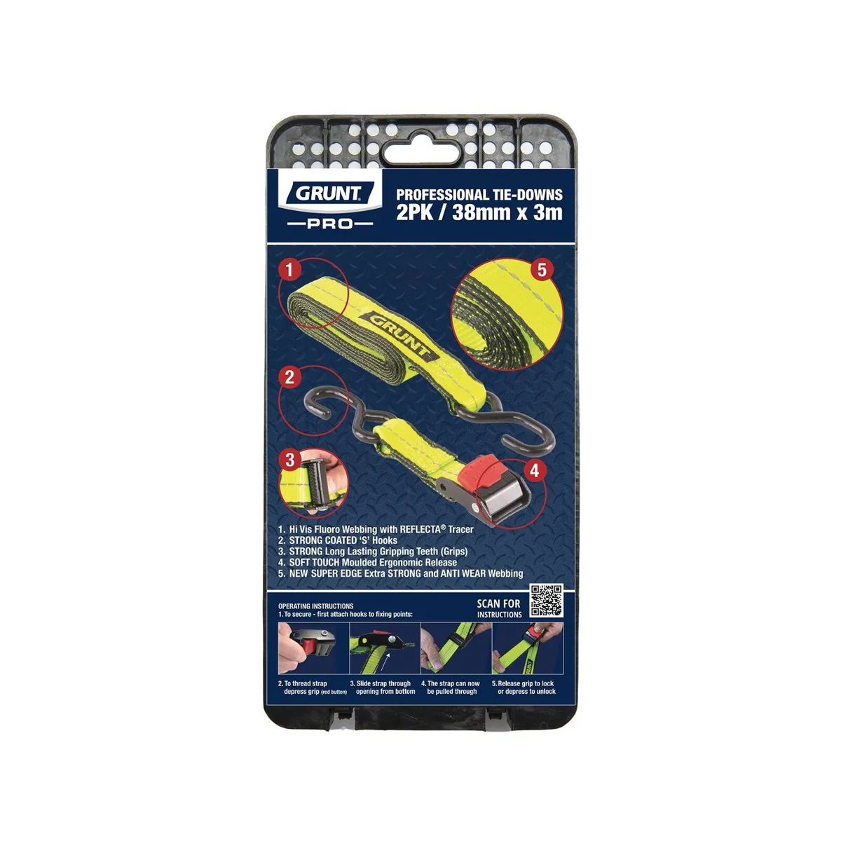 Grunt Pro Cam Buckle Tie Downs - 38mm x 3m - Reflective - 340kg - Image 2
