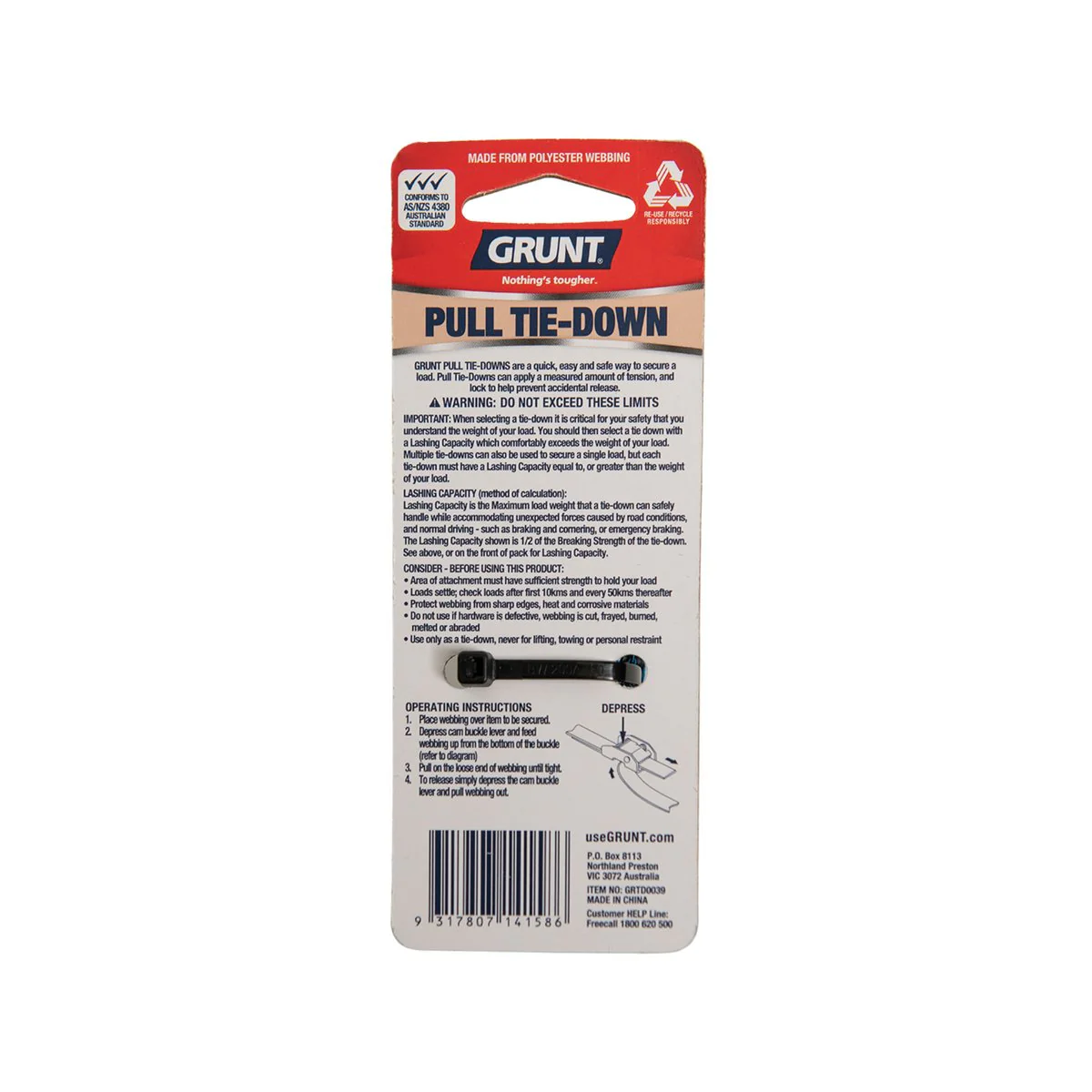 Grunt Pull Tie Down Strap - 25mm x 2m - Polyester - Light Duty - Image 2
