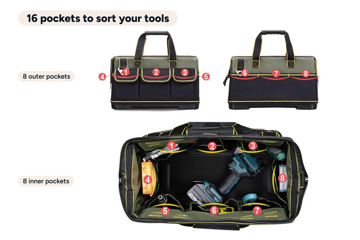 Heavy Duty 410mm Hard Base Tool Bag 16 Pocket Waterproof Base - Image 6