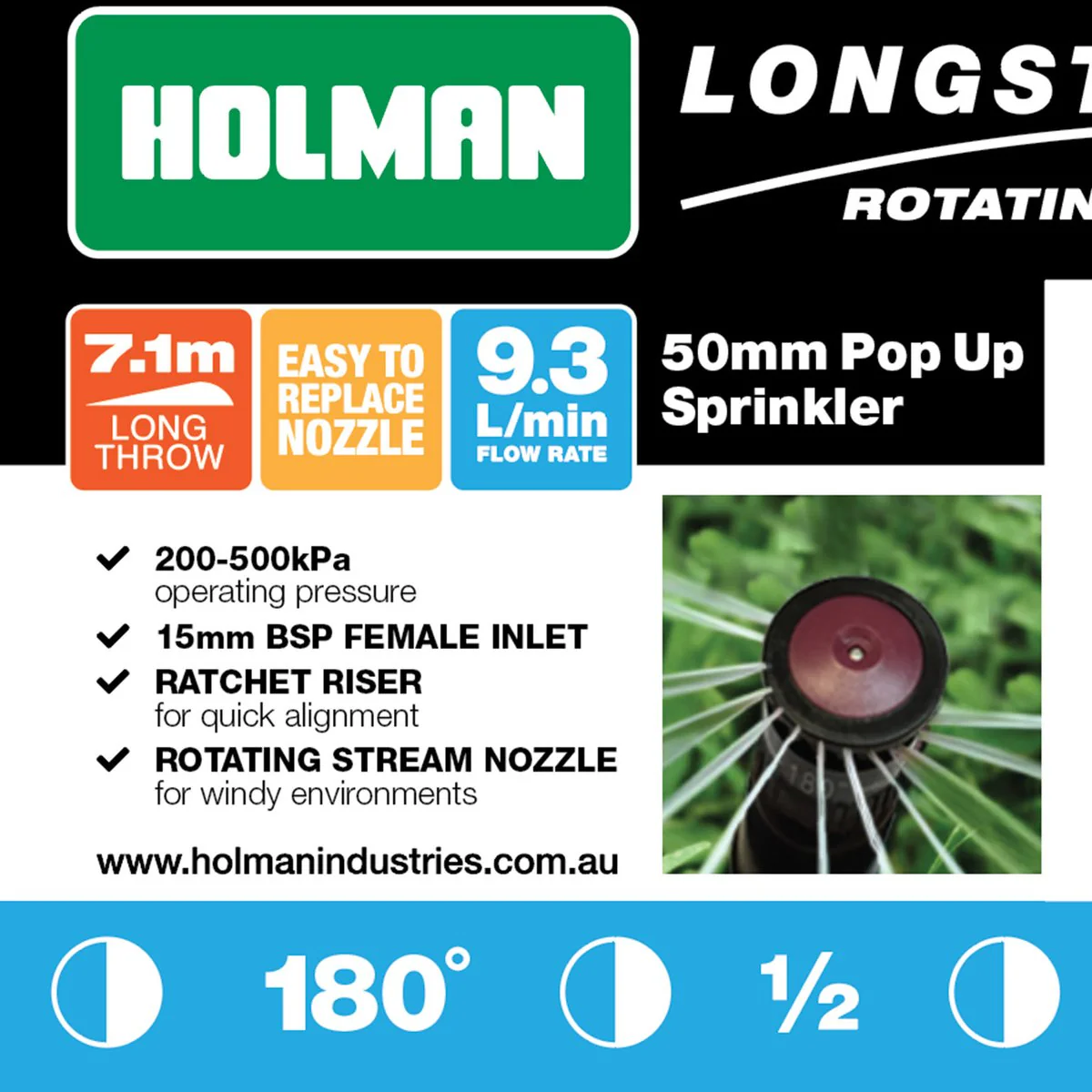 Holman 50mm Longstream Rotating Pop Up Sprinkler - 1/2 Circle - Black/Red - Image 5