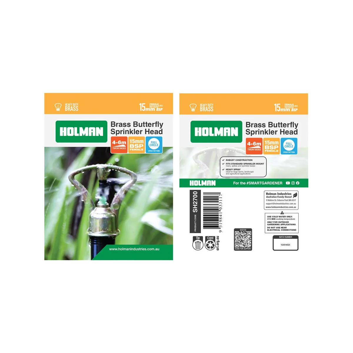 Holman Brass Butterfly Sprinkler - 4-6m - Brass - Full Circle Coverage - Image 2