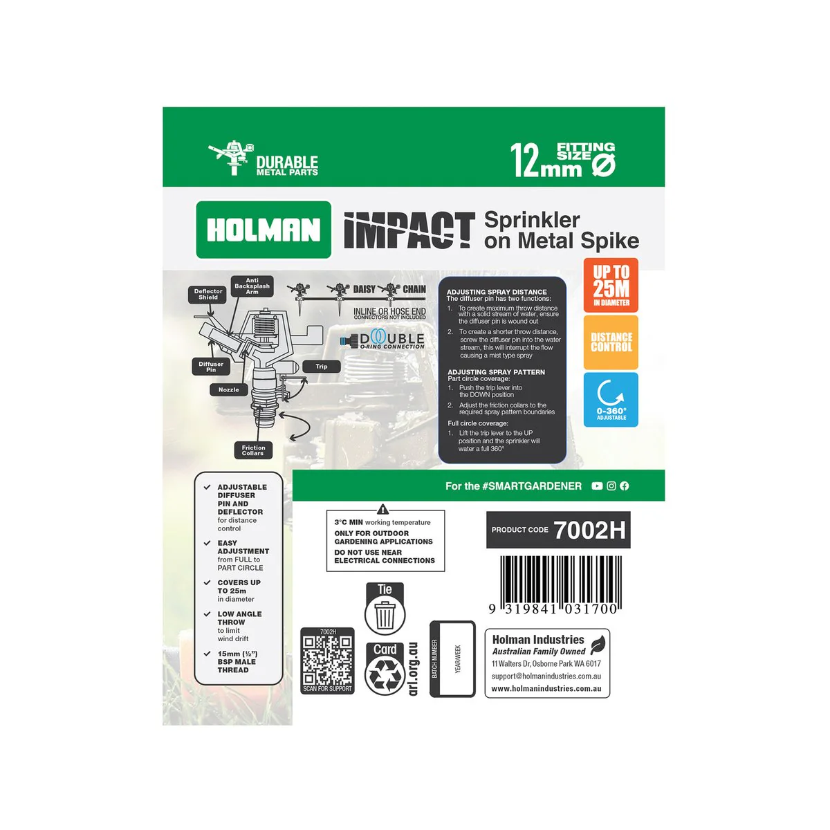 Holman Impact Sprinkler - 12mm - Metal - Adjustable Distance Control - Image 4