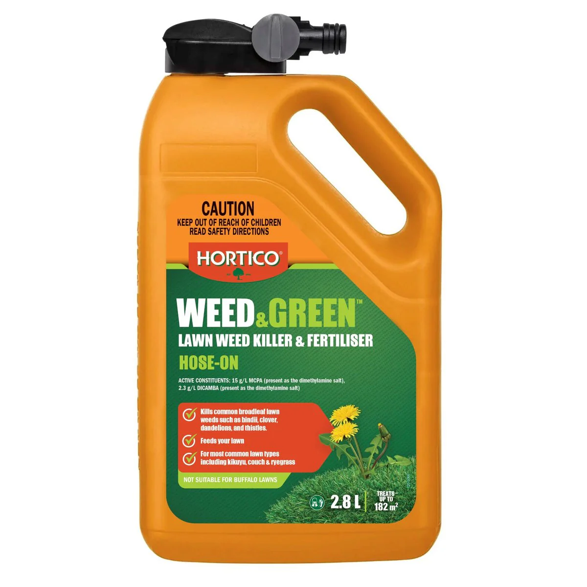 Hortico 2.8L Weed Green Hose On - Controls Weeds - Feeds Lawn - 182m² Coverage