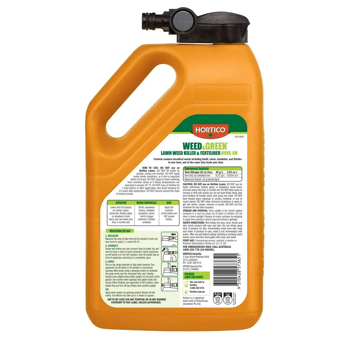 Hortico 2.8L Weed Green Hose On - Controls Weeds - Feeds Lawn - 182m² Coverage - Image 2