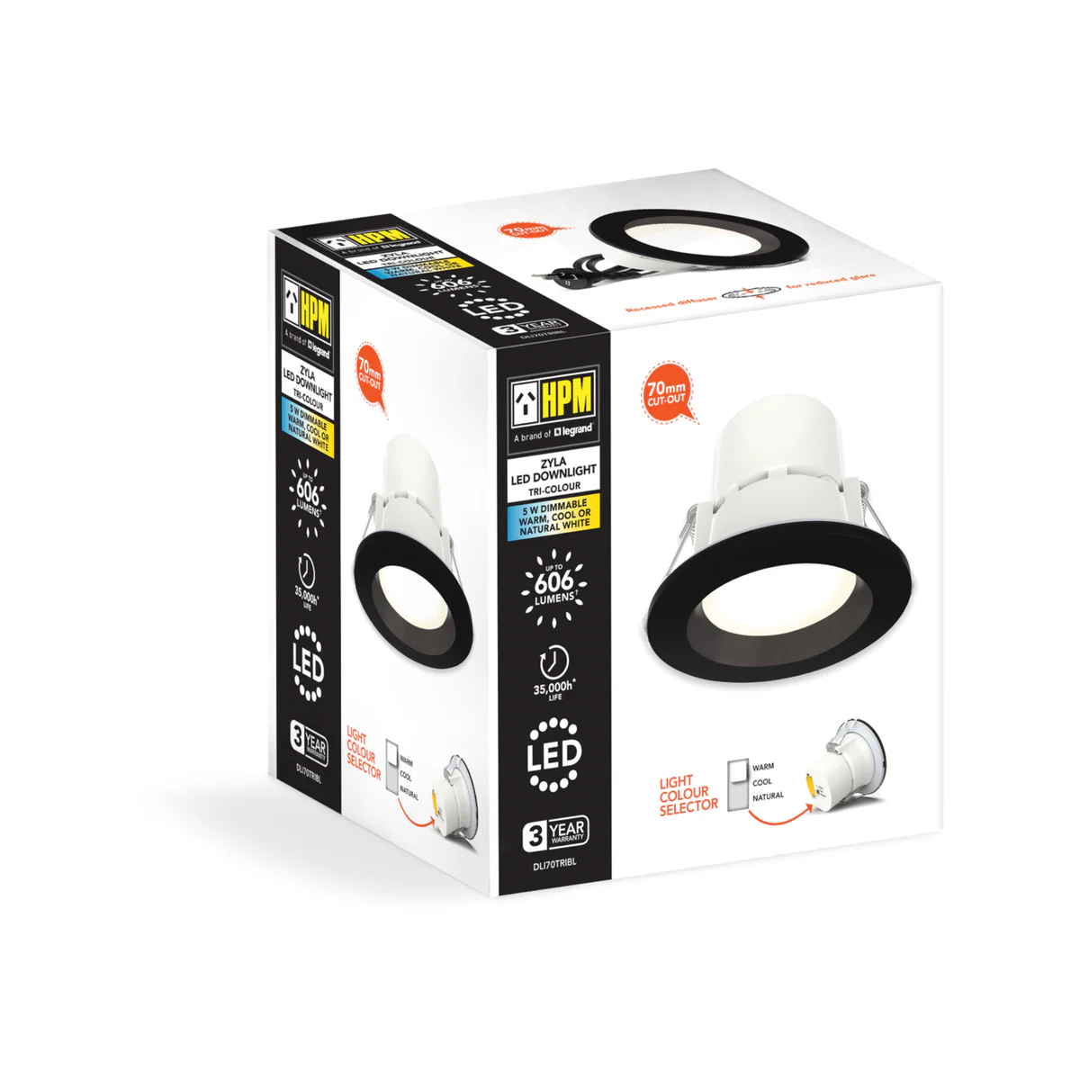 HPM Zyla LED Downlight 5W 70mm Black - Tri Colour - Dimmable - IP44 - Image 4