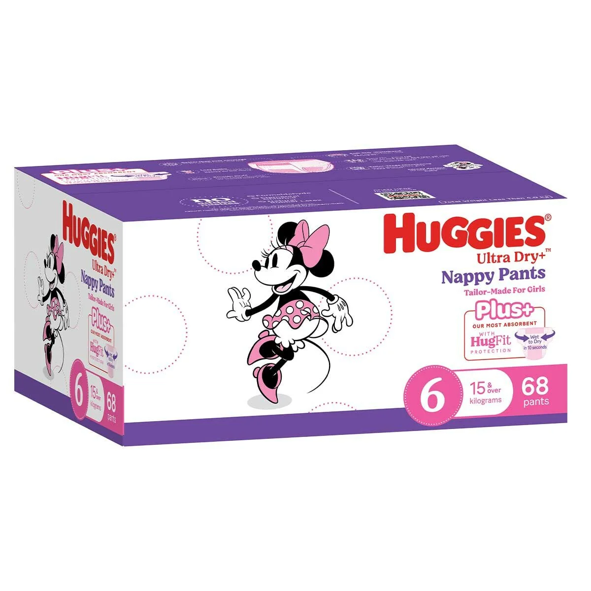 Huggies Girls Ultra Dry+ Nappy Pants Size 6 (15kg+) 68 Absorbent