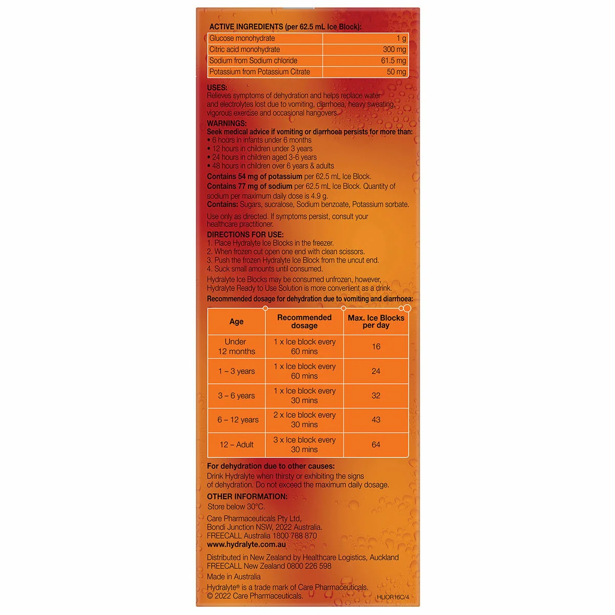 Hydralyte Electrolyte Ice Blocks Orange 2 x 16 (32 x 62.5mL) - Image 6