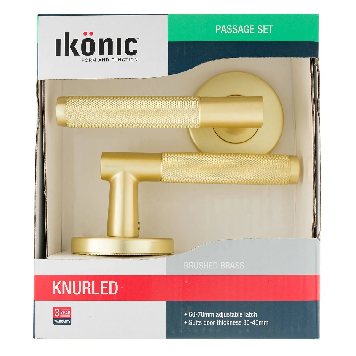 Ikonic Brushed Brass Knurled Passage Lever Set - 1 Pack - 1125mm x 65mm - Adjustable Latch - Image 2