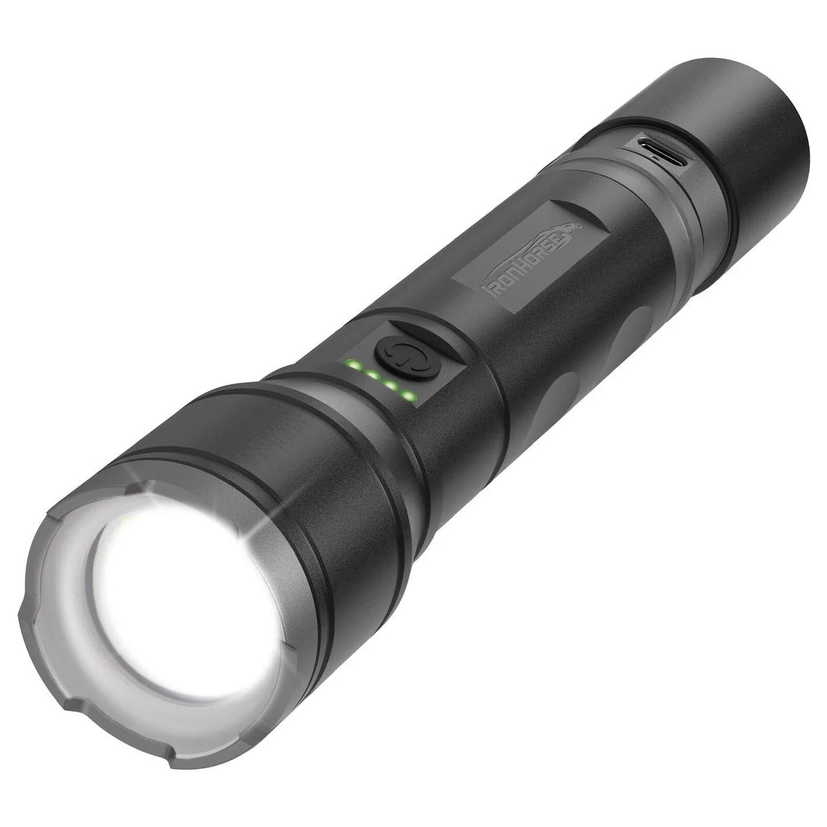 Ironhorse 1100lm Premium Hybrid Dual Power Torch Flashlight - 2000mAh Rechargeable - Black and Gun Metal - Waterproof - Adjustable Focus - Image 2